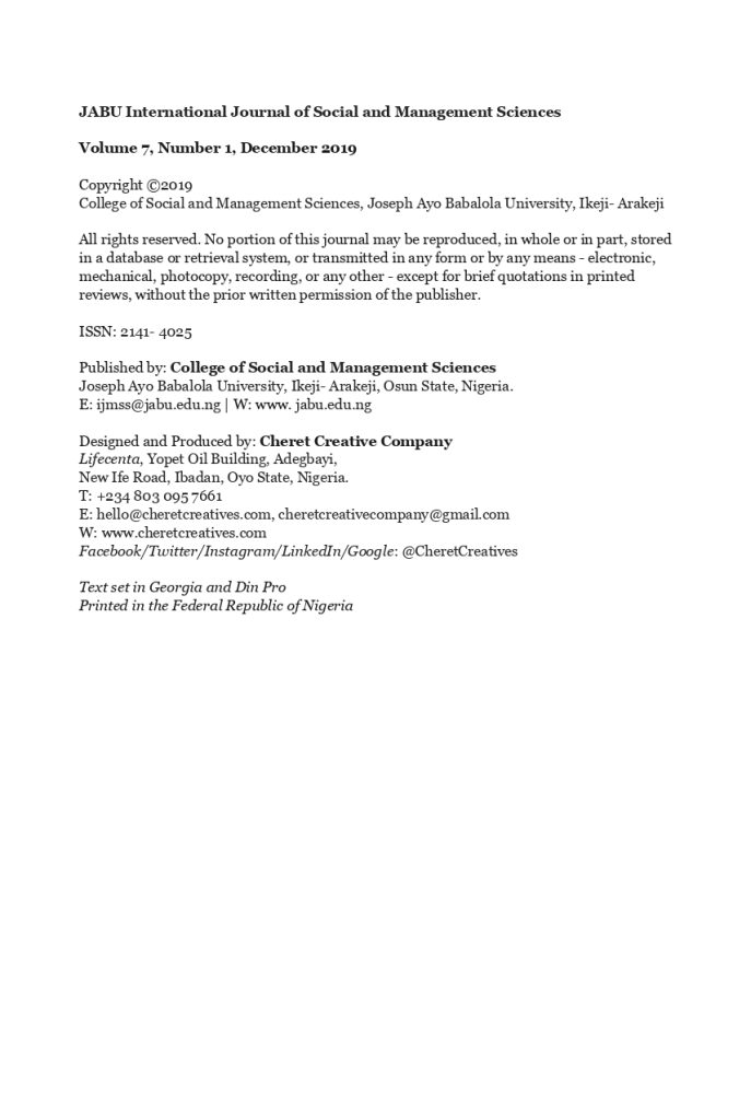 JABU International Journal of Social and Management Sciences Volume 7 Number 1 Preliminary Pages Image