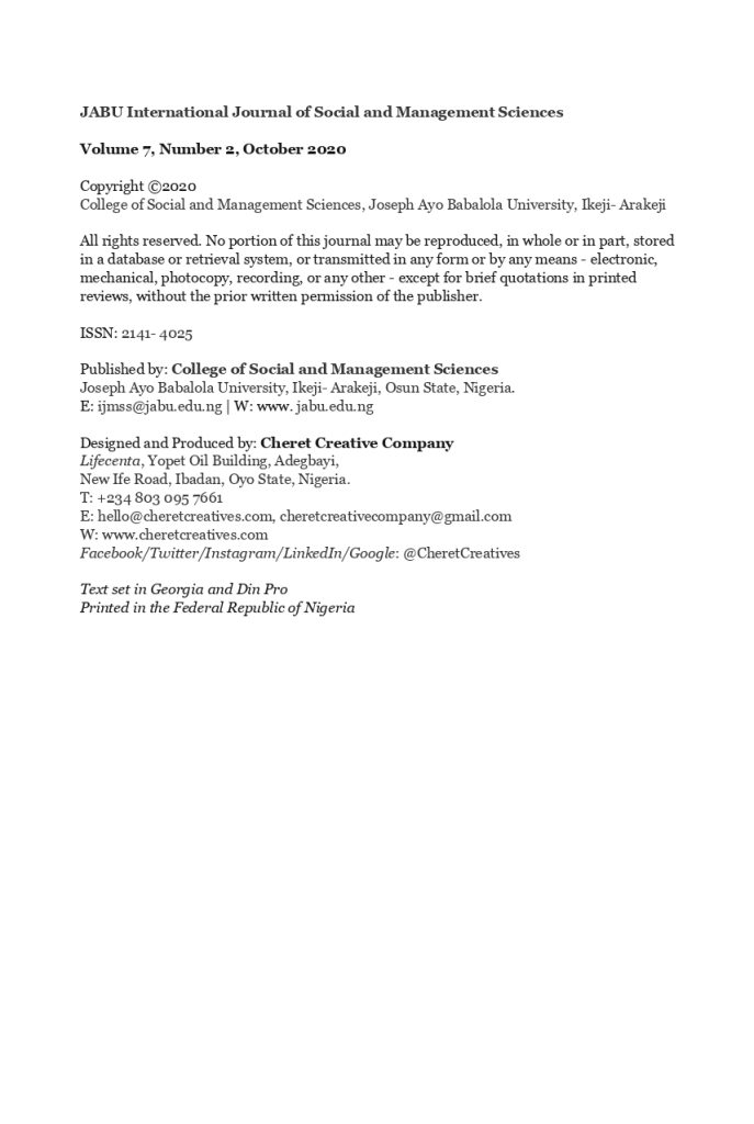 JABU International Journal of Social and Management Sciences Volume 7 Number 2 Preliminary Pages Image