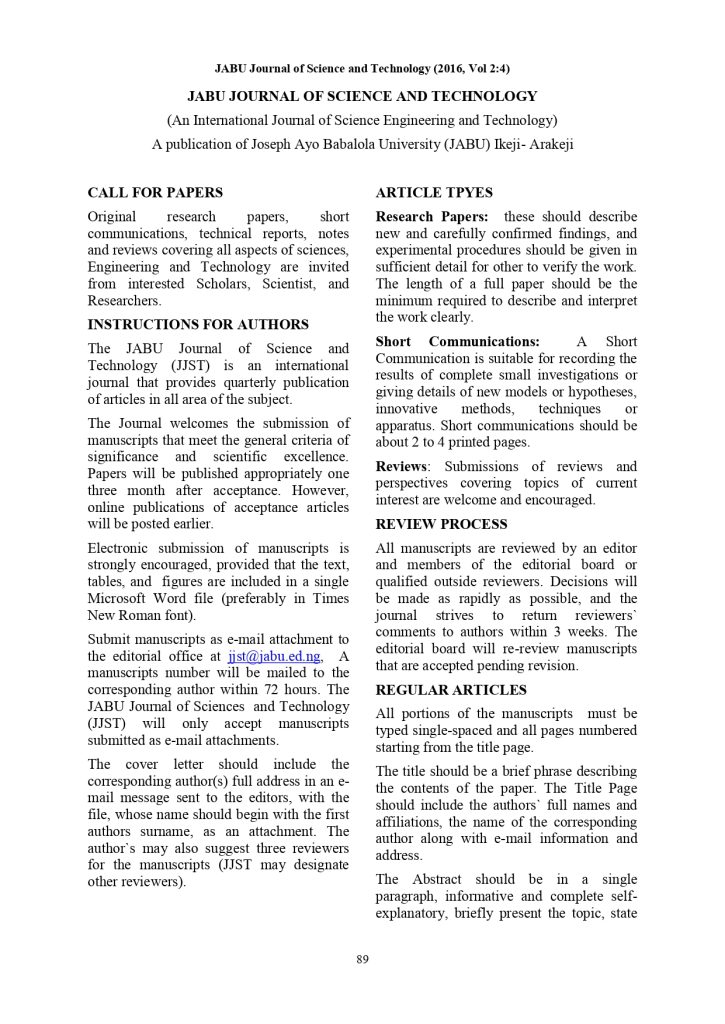 JABU Journal of Science and Technology Vol 2 No 4 Call for Papers