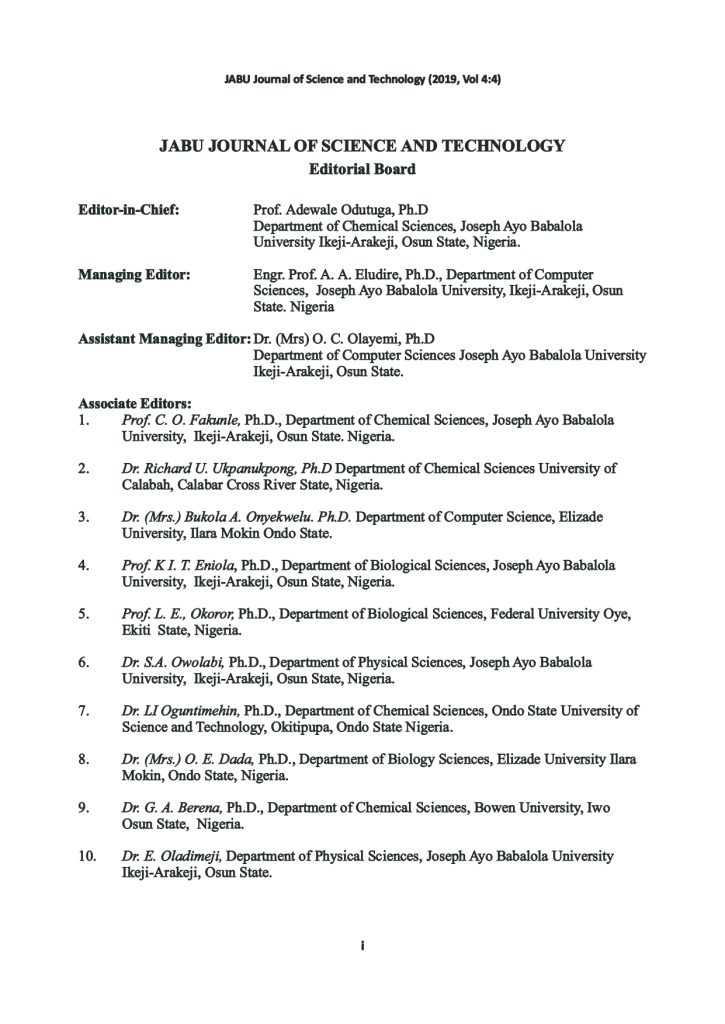 JABU Journal of Science and Technology Vol 4 No 4 Editorial Board