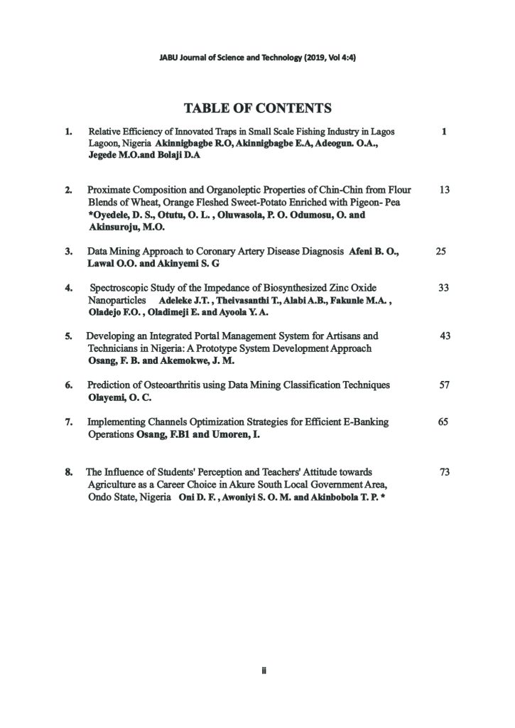 JABU Journal of Science and Technology Vol 4 No 4 Table of Contents JABU Journal of Science and Technology Vol 4 No 4 Table of Contents
